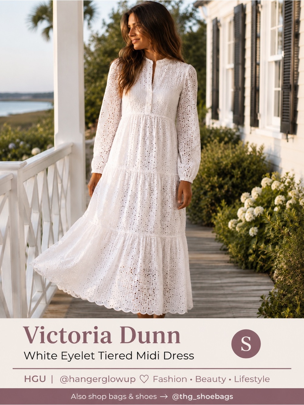 Victoria Dunn White Eyelet Tiered Midi Dress Cotton Lined Resort Size S